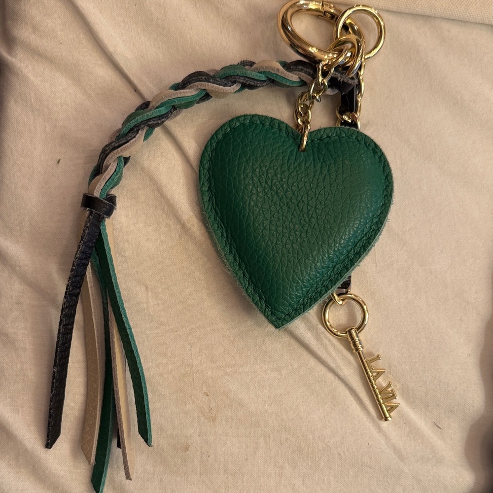 Green Heart Leather Keychain Charm with Tassel